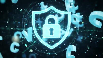 Glowing blue shield with padlock symbol and digital background - Powered by Adobe