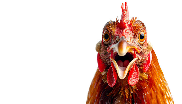 Close-up of a chicken with its mouth wide open, red comb, and surprised expression against a stark black background