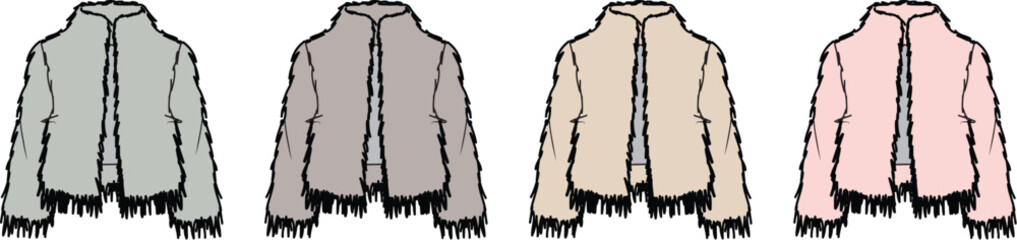 Elegant jacket collection in gray, taupe, beige and pastel pink. Fashionable fur trim and open front