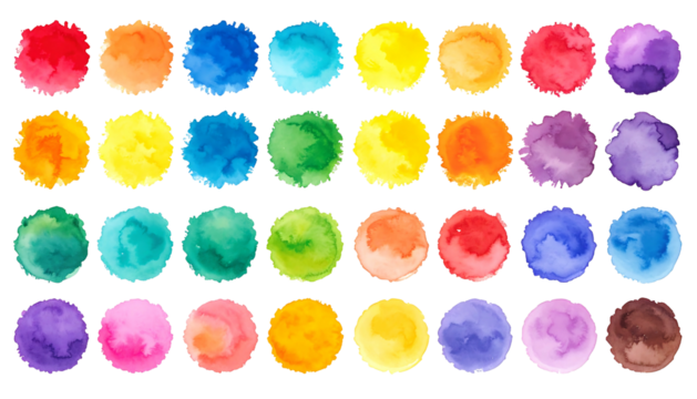 Colorful watercolor circles are arranged in neat rows on a black background, showing a gradient of vibrant hues