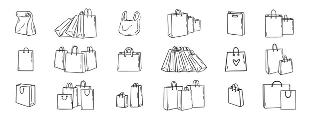 Shopping bags icons doodle hand drawn set. Paper shopping bags drawing line outline vector black Set 