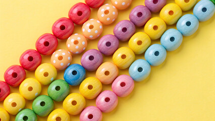 Scattered wooden beads in pastel colors including red, peach, yellow, purple, pink, blue, and green with polka dot patterns on cheerful yellow background surface.