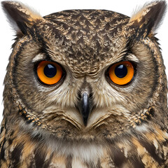 Obraz premium Intensely focused owl with piercing orange eyes, showcasing intricate feather detail and a wise, watchful gaze for nature and wildlife themes