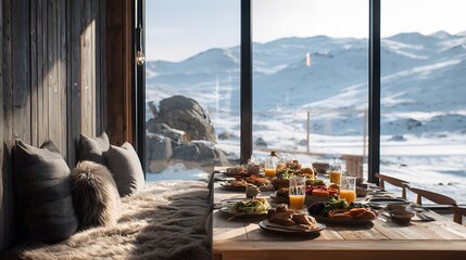 A hearty meal is served on a rustic table near a cozy seating area with a snowy landscape view.