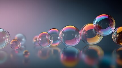 Numerous shimmering bubbles reflect rainbow colors on a reflective surface.