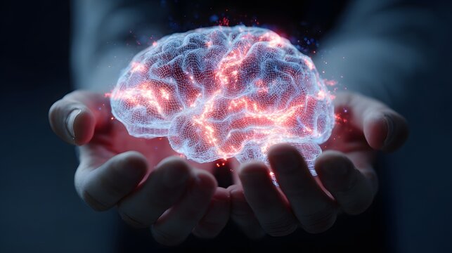 Glowing digital brain held in cupped hands with red energy.