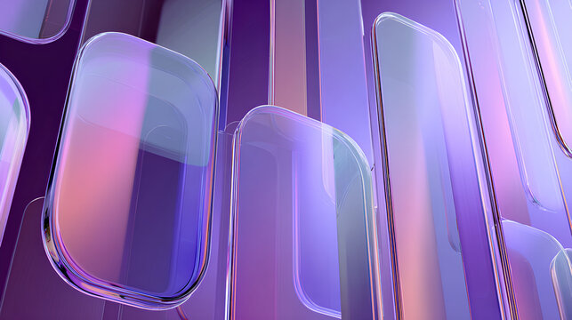 3d background with glass holographic rectangular plates rows. Abstract wave curve pattern. Transparent rectangle shapes with rounded corners, light purple gradient and motion effect Stock Illustration