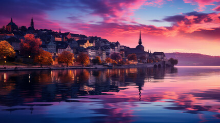 Obraz premium Vibrant sunset over a picturesque lakeside town with colorful buildings and reflections in still water