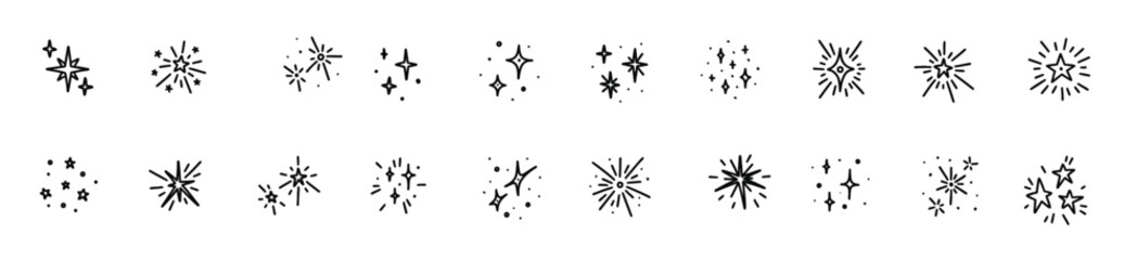 Doodle star icon set. Sparkle glitter vector elements. Merry Christmas and happy New year decorations, confetti, firework. Shiny blink, sparkle lights, bling, twinkle crayon drawing