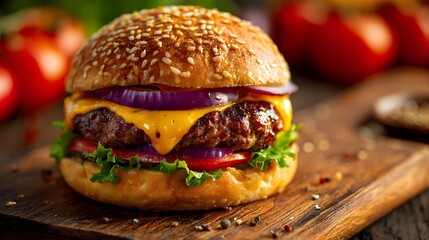 Juicy cheeseburger with fresh lettuce and onion on a wooden board.