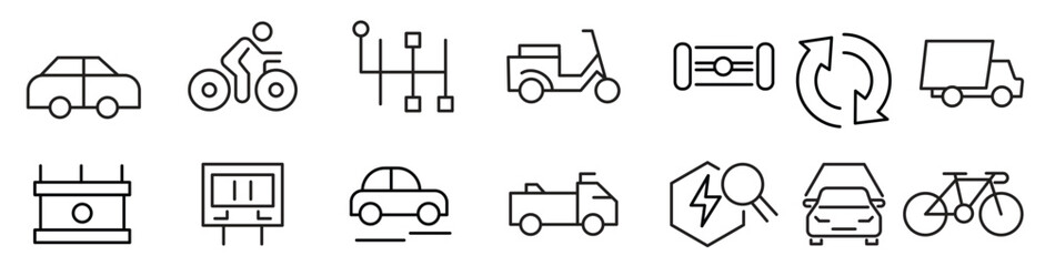 Electric Vehicle line icon set. EV, electric socket station, car plugged, battery, technology, home car charging, power station, taxi, road, race, automobile line icon set. Ui thin line icon pack.