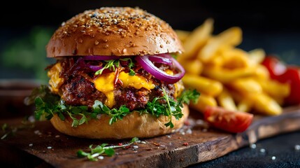Juicy cheeseburger with fresh red onions and lettuce served with french fries.