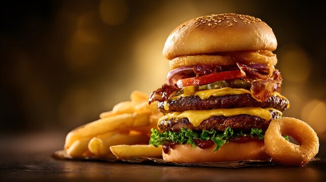 Juicy double cheeseburger with french fries and onion rings.