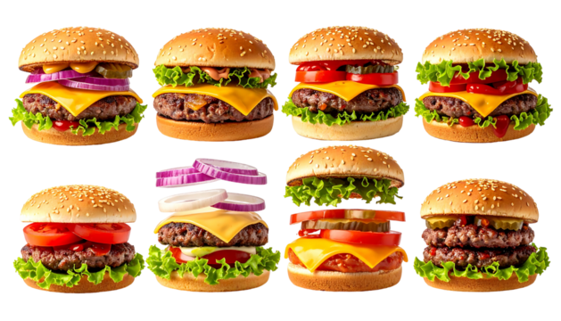 Eight burgers, various toppings, stacked high, arranged on a plain black background