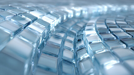 3d light blue background with row of glass transparent square plates. Abstract curve wave line pattern. Crystal array of geometric block shapes render. Futuristic design digital tech