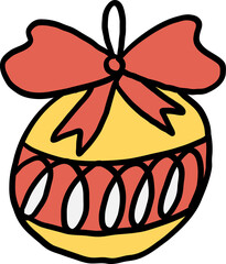 A colorful ornament featuring a bow, stripes, and decorative elements, perfect for festive occasions.