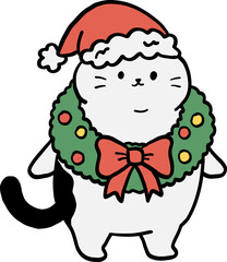 A cute cartoon-style cat wearing a Santa hat and a festive wreath with a bow, embodying a playful holiday spirit.