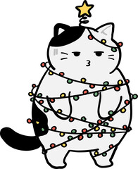 A cartoon cat wrapped in colorful Christmas lights, wearing a star on its head, with an unimpressed expression.