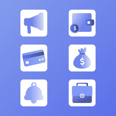 A set of six blue icons with a white background