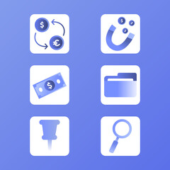 A set of blue icons with a dollar sign and a pin on the left