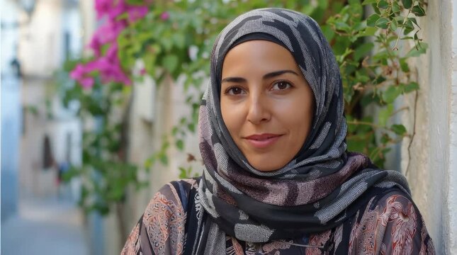 North African young woman wearing a hijab looking at the camera in a North African city