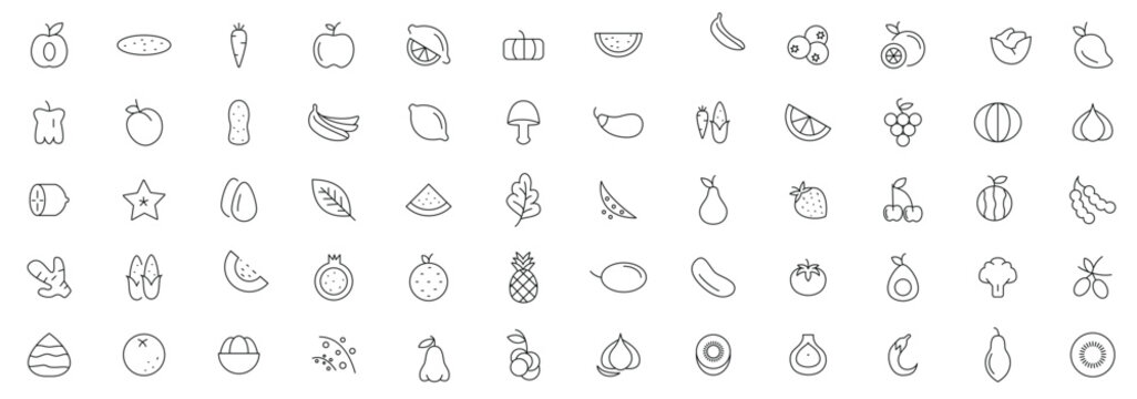 Fruits and berries line icons collection. Orange banana melon apple, blueberry, pineapple pomelo, kiwi peach, fig kiwi fresh fruits icon pack. Thin outline icons.