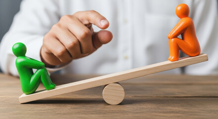 Business Balance Concept With Green And Orange Figures On Seesaw Depicting Opposition Equilibrium Conflict