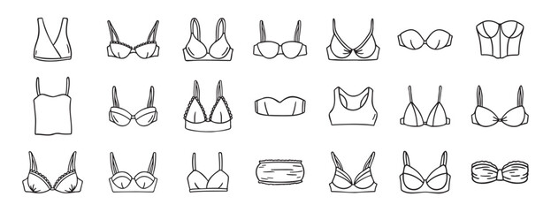 Naklejka na ściany i meble Lingerie fashion feminine lacy woman underwear bra icon doodle hand drawn. Outline line drawing clipart symbol