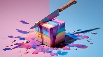 Knife cuts into a vibrant rainbow layered cake with colorful frosting dripping.