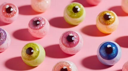 Colorful candy eyeballs with sparkling irises are arranged on a pink background.