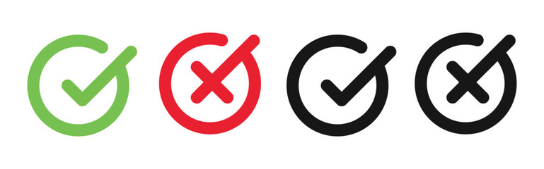 Approval and refusal. Green and red circles. Check tick and x cross symbols for validation, confirmation, checklist signs, certify badge. Flat modern design. Vector illustration