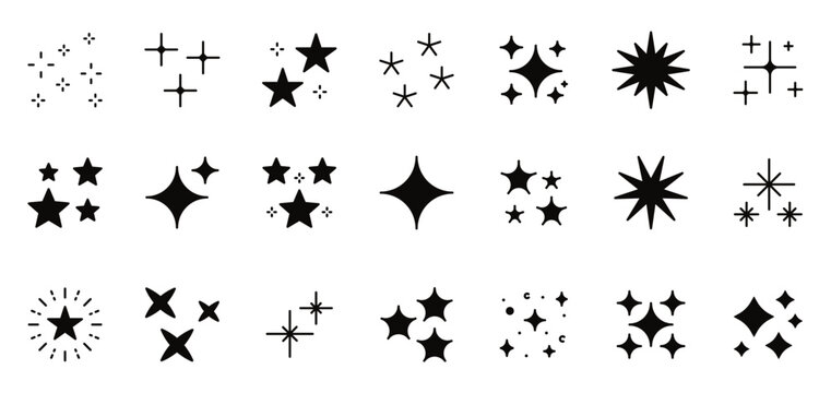 Star sparkles icons set. Twinkling stars, shining burst. Christmas decorations, glitter clean celebration sparkle stars graphic elements. Vector illustration