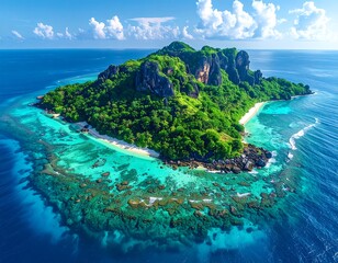 Aerial view of a lush tropical island with turquoise water and cliffs