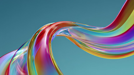 Abstract 3d background with liquid glass holographic transparent lines. Rainbow ribbons neon gradient tapes with dispersion light. Iridescent fluid flow curve shapes render banner Stock Illustration