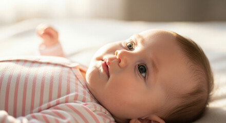 Adorable Baby Lying on Bed Looking Upwards Peaceful Newborn Infant Serene Calm Gaze Innocence Childhood Happiness Thoughtful Introspection