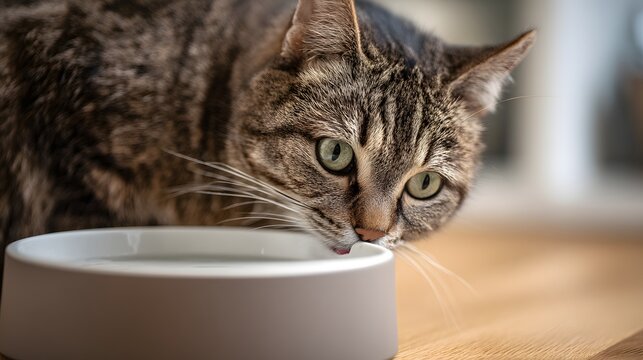 Tabby cat drinks water from a white bowl on a wooden surface.
