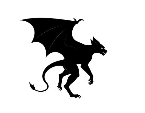 A dark silhouette of a mythological beast with large wings