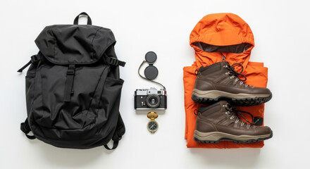 Adventure Travel Gear: Backpack Camera Boots & Jacket Ready for Outdoor Expedition on White Background for Nature Hike Trip