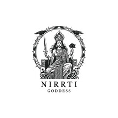 Obraz premium engraving logo featuring the Hindu Goddess Nirrti, the deity of dissolution, misfortune, and suffering. She is shown seated on a throne of bones and skulls, holding a flaming sword and a black lotus