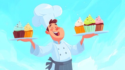 Chef happily offers delicious cupcakes on plates against a bright sky.