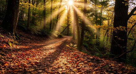 Golden Rays Illuminating a Woodland Trail in Fall