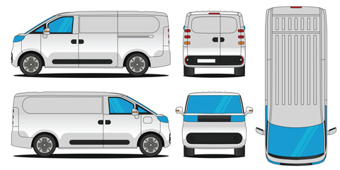 Van car vector. Car mockup illustration of a deliver isolated on white background, With side, front, rear and top views © Deden Irfandi