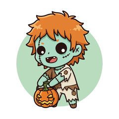 Cute Chibi Zombie Character Holding Halloween Jack O Lantern