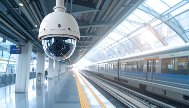 Security camera mounted on ceiling inside modern train station, safety surveillance concept.