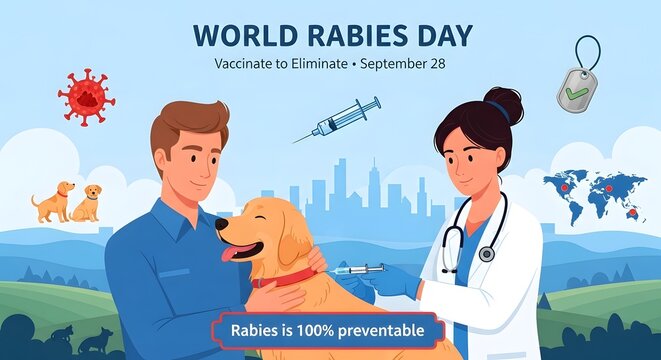 World rabies day illustration showing vaccination and prevention efforts with a veterinarian and dog owner, emphasizing global health and disease control