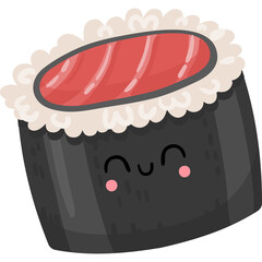 Cute Cartoon Sushi Roll with Happy Face and Red Fish Topping on Transparent Background Japanese Cuisine Icon