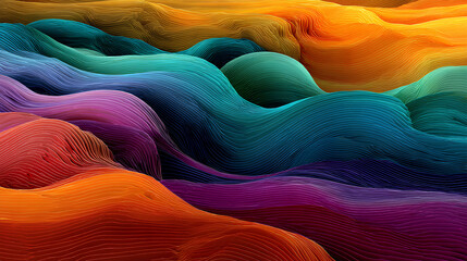 Abstract flowing waves with a vivid rainbow gradient, creating a sense of movement and depth with undulating lines and shadows Stock Illustration
