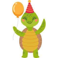 Cute Cartoon Turtle Wearing Birthday Hat Holding Orange Balloon With Transparent Background Joyful Celebration Theme
