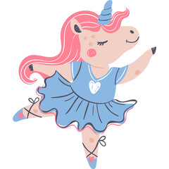 Cute Cartoon Unicorn Ballerina Dancing Gracefully in a Blue Tutu and Pink Hair with Sparkles and Stars on its Face and Transparent Background