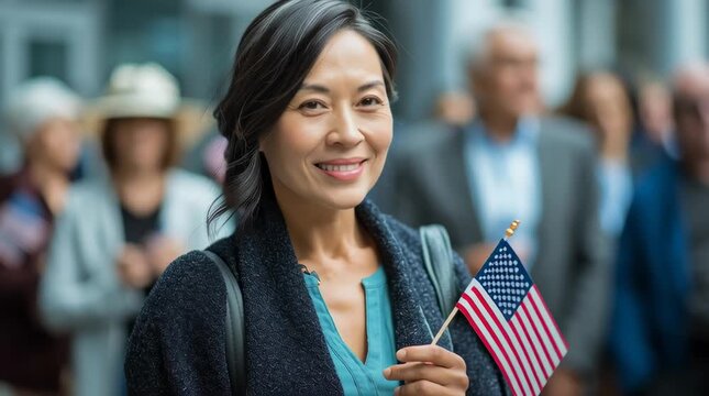 Happy smiling Female immigrant holding a small US flag the day of her naturalization ceremony	
